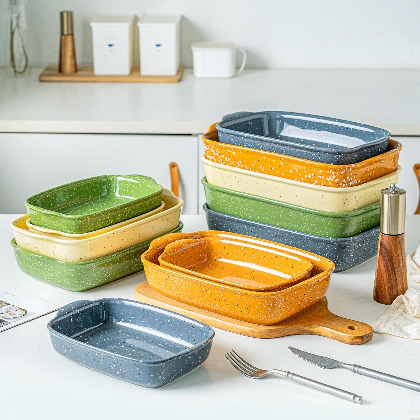 Set of 3 Ceramic Bakeware Dishes - Rectangular Baking Casseroles for Oven - High Heat Resistant - Deep Lasagna Pans with Handles - Handcrafted Speckle Series - Grey - 13.8'', 12'', 9.6