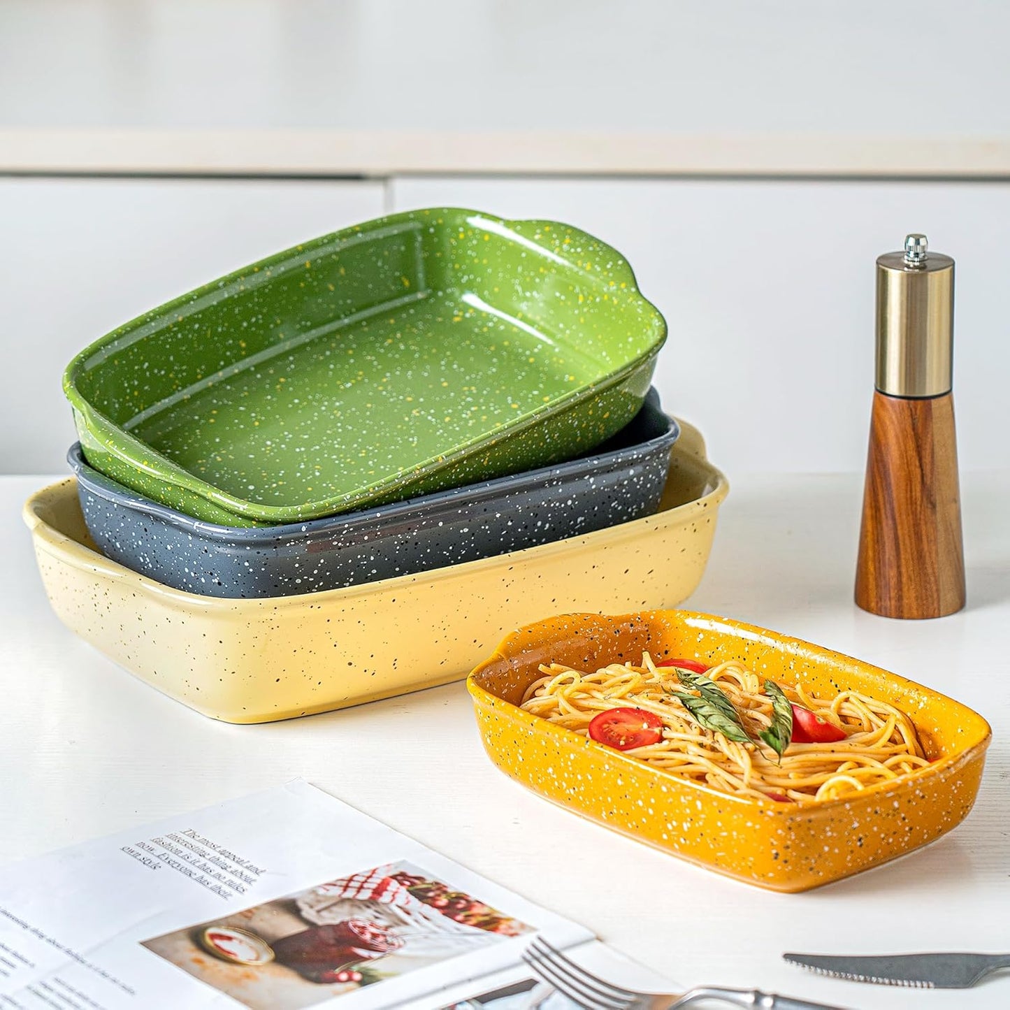 Set of 3 Ceramic Bakeware Dishes - Rectangular Baking Casseroles for Oven - High Heat Resistant - Deep Lasagna Pans with Handles - Handcrafted Speckle Series - Grey - 13.8'', 12'', 9.6