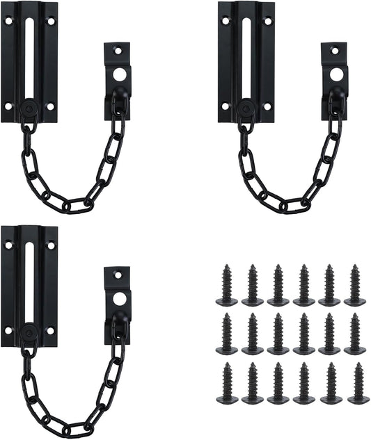 Set of 3 Door Chain Locks for Enhanced Security - Premium Metal Door Guards with Screws - Thickened Padlock for Front Door Safety - Ideal for Kids and Pets - Black Color