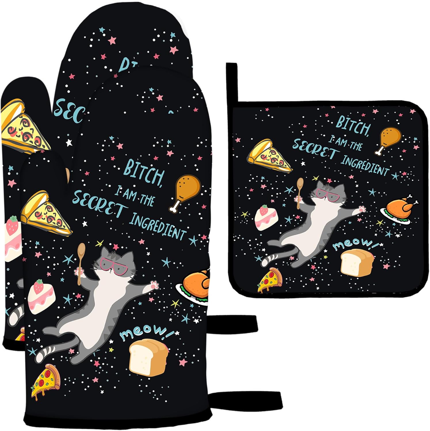 Set of 3 Funny Cat Oven Mitts and Pot Holders - Heat Resistant Kitchen Gloves for Baking, Grilling, BBQ Cooking
