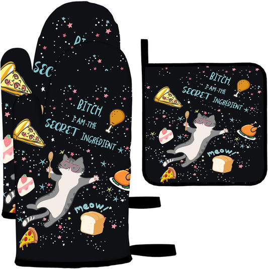 Set of 3 Funny Cat Oven Mitts and Pot Holders - Heat Resistant Kitchen Gloves for Baking, Grilling, BBQ Cooking