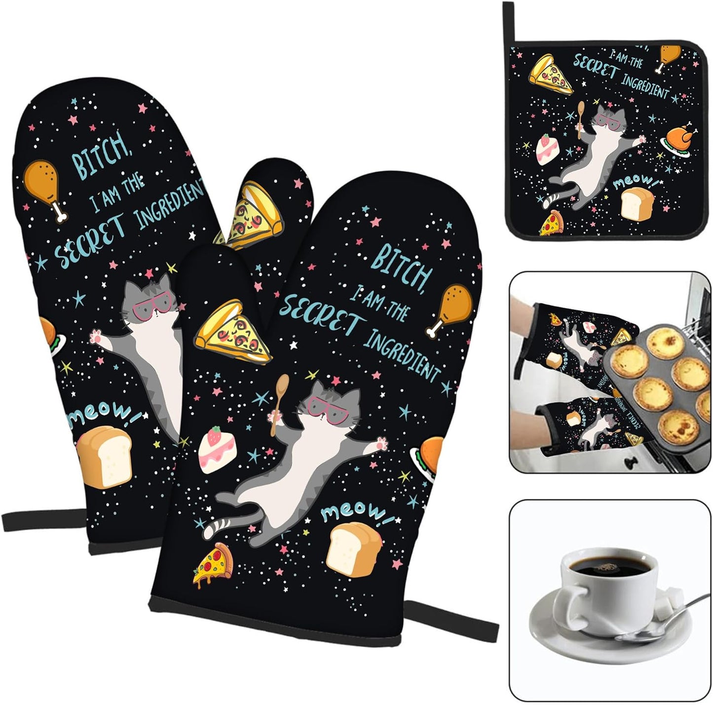 Set of 3 Funny Cat Oven Mitts and Pot Holders - Heat Resistant Kitchen Gloves for Baking, Grilling, BBQ Cooking