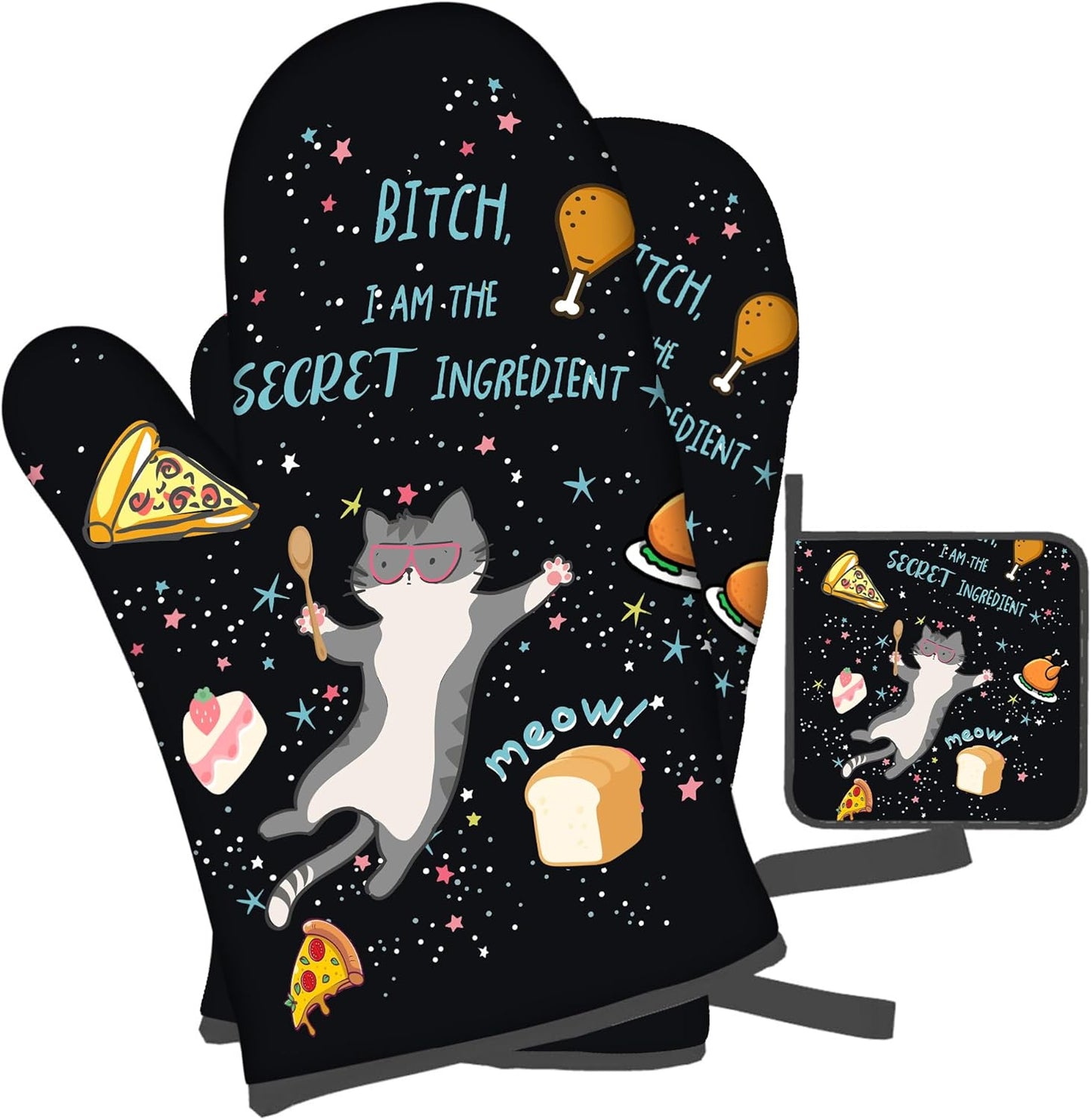 Set of 3 Funny Cat Oven Mitts and Pot Holders - Heat Resistant Kitchen Gloves for Baking, Grilling, BBQ Cooking