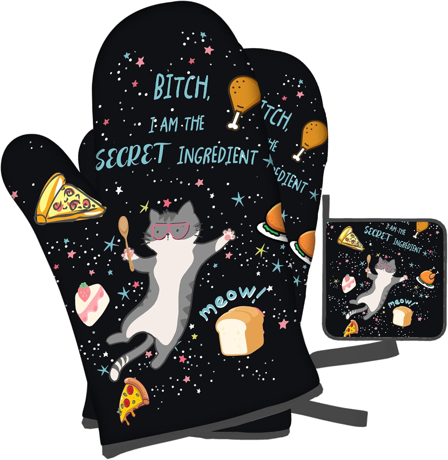 Set of 3 Funny Cat Oven Mitts and Pot Holders - Heat Resistant Kitchen Gloves for Baking, Grilling, BBQ Cooking