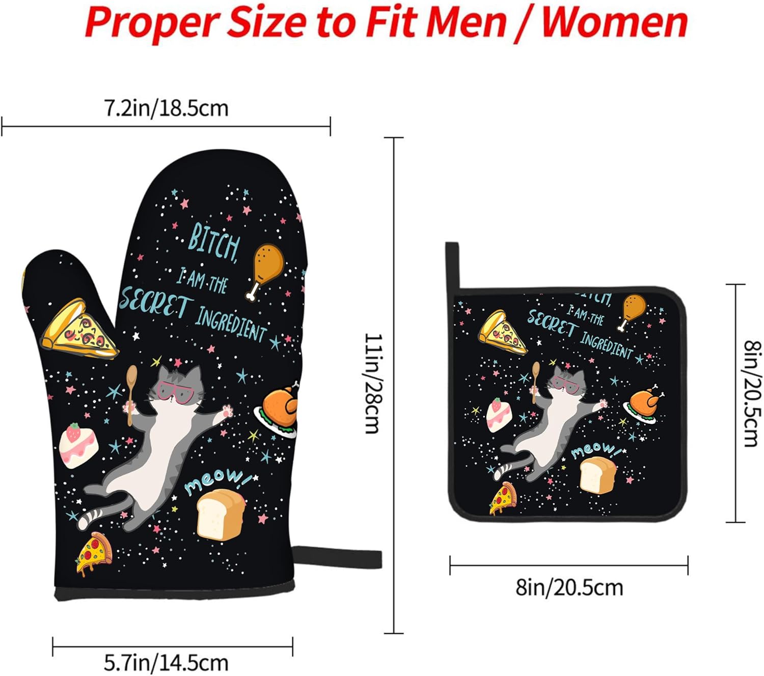 Set of 3 Funny Cat Oven Mitts and Pot Holders - Heat Resistant Kitchen Gloves for Baking, Grilling, BBQ Cooking
