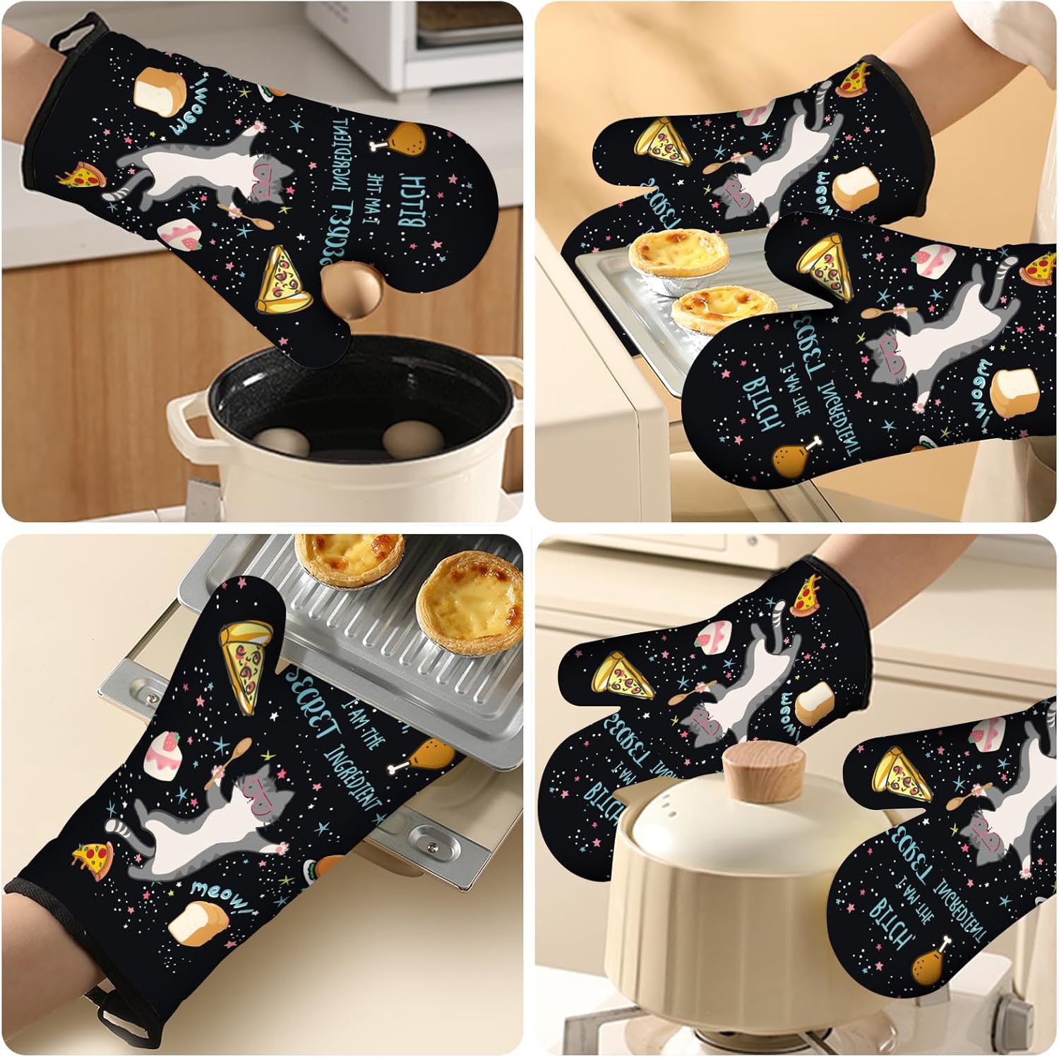Set of 3 Funny Cat Oven Mitts and Pot Holders - Heat Resistant Kitchen Gloves for Baking, Grilling, BBQ Cooking