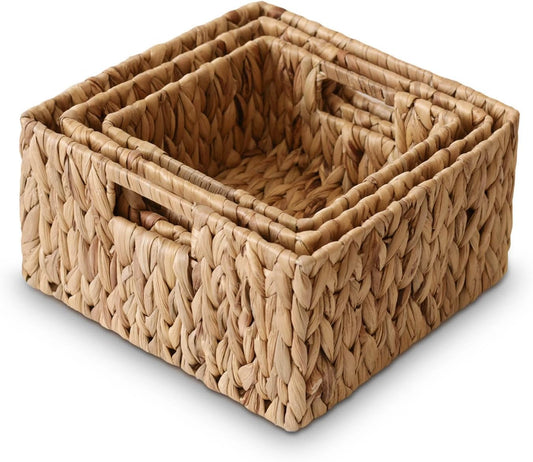 Set of 3 Hand-Woven Water Hyacinth Storage Baskets with Built-In Handles - Natural Square Wicker Baskets for Pantry, Bathroom, Kitchen - Organizers for Shelves and Countertops
