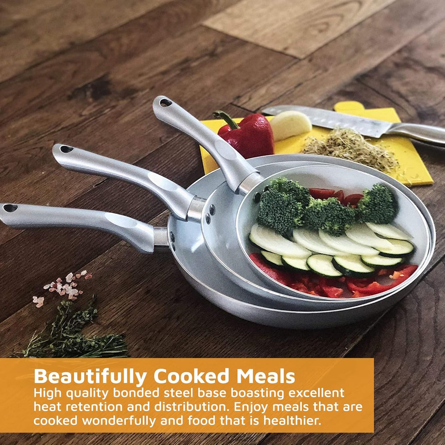 Set of 3 Jean-Patrique Bio Supreme Ceramic Frying Pans in Silver - Non-Stick Coating, Eco-Friendly