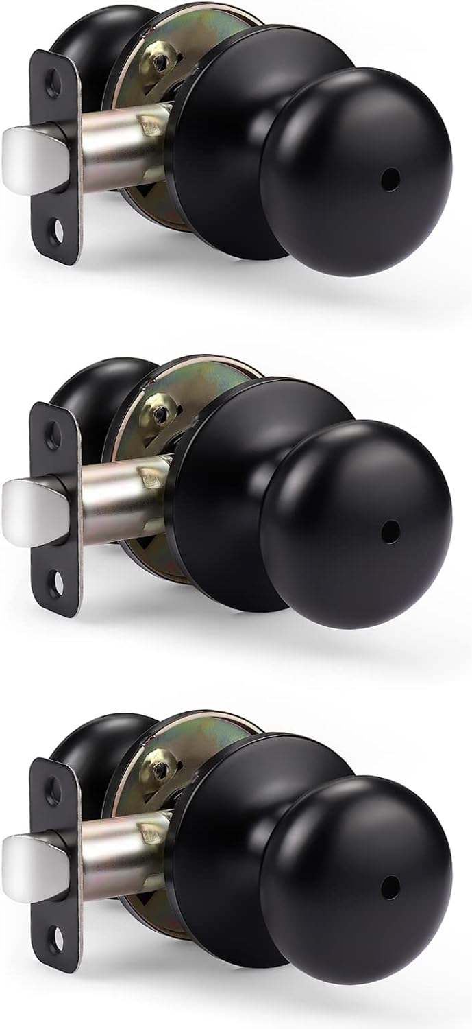Set of 3 KNOBWELL Privacy Door Knobs for Bathroom/Bedroom, Round Indoor Keyless Black Locking Door Handle for Interior Doors