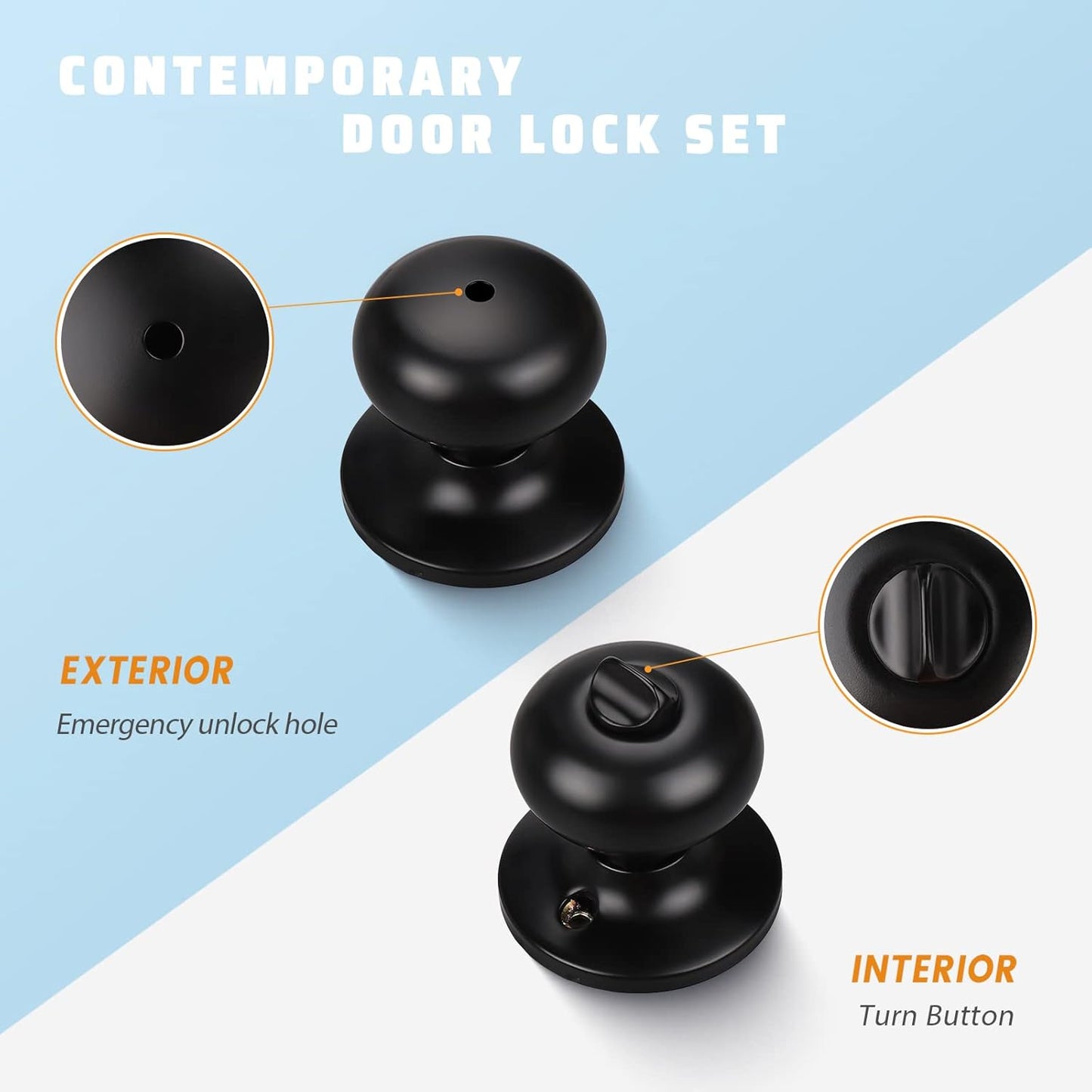 Set of 3 KNOBWELL Privacy Door Knobs for Bathroom/Bedroom, Round Indoor Keyless Black Locking Door Handle for Interior Doors