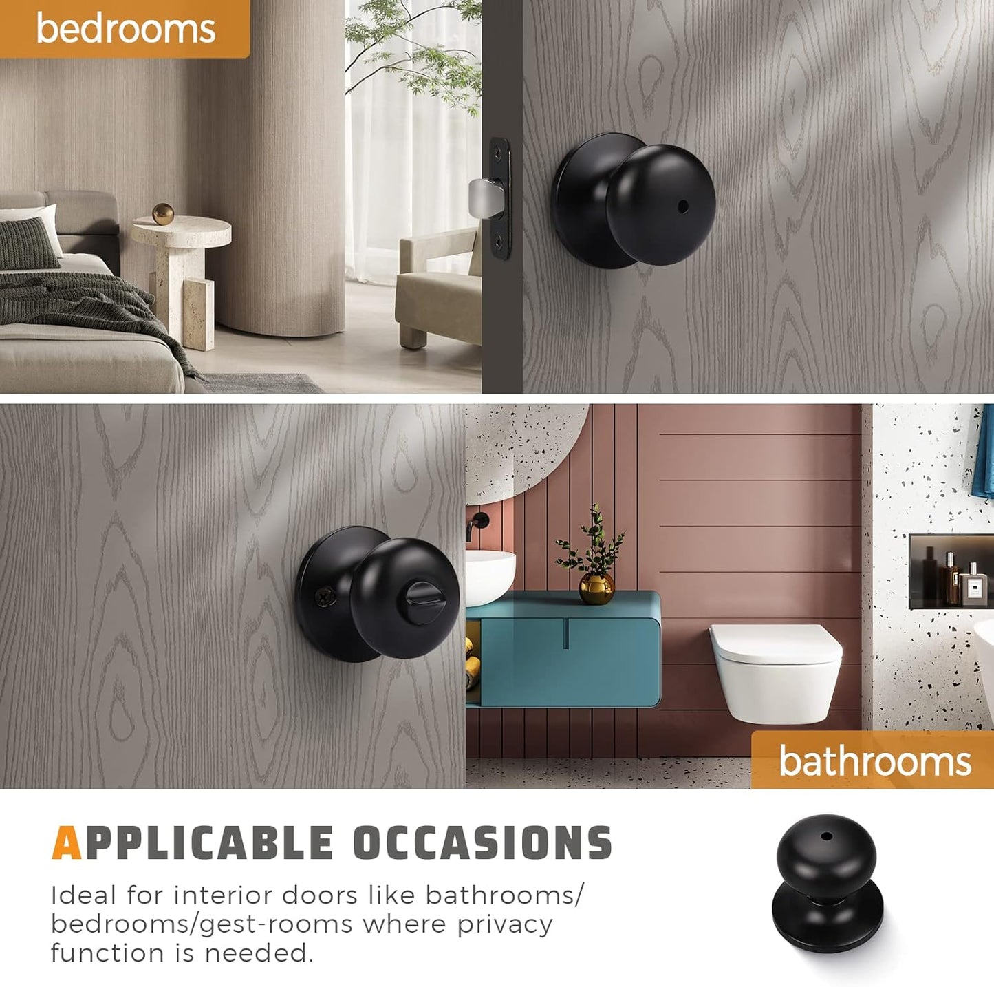 Set of 3 KNOBWELL Privacy Door Knobs for Bathroom/Bedroom, Round Indoor Keyless Black Locking Door Handle for Interior Doors