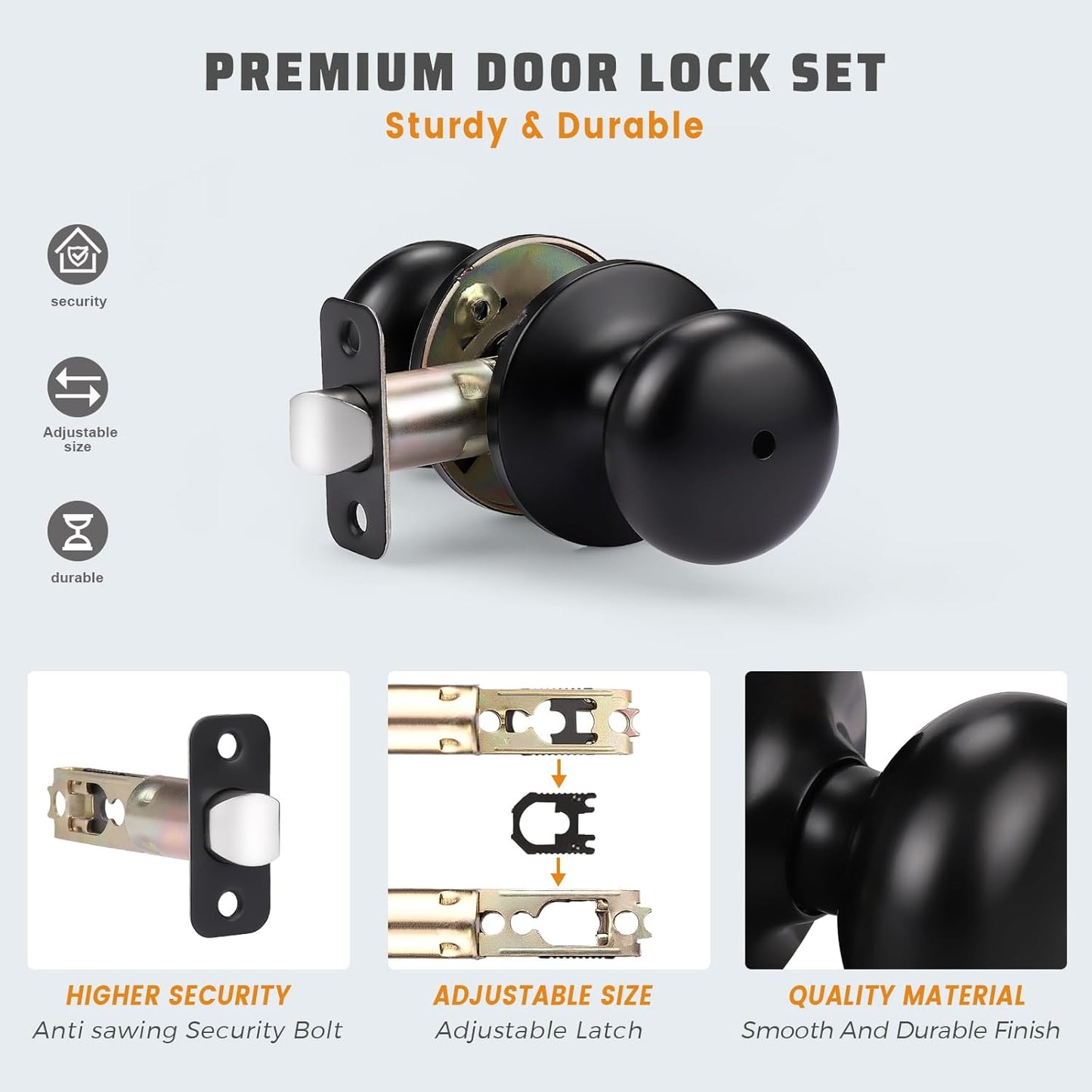 Set of 3 KNOBWELL Privacy Door Knobs for Bathroom/Bedroom, Round Indoor Keyless Black Locking Door Handle for Interior Doors