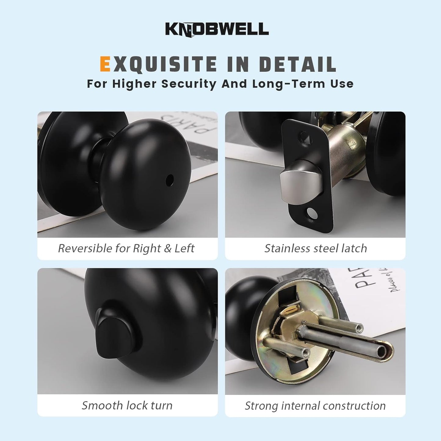 Set of 3 KNOBWELL Privacy Door Knobs for Bathroom/Bedroom, Round Indoor Keyless Black Locking Door Handle for Interior Doors