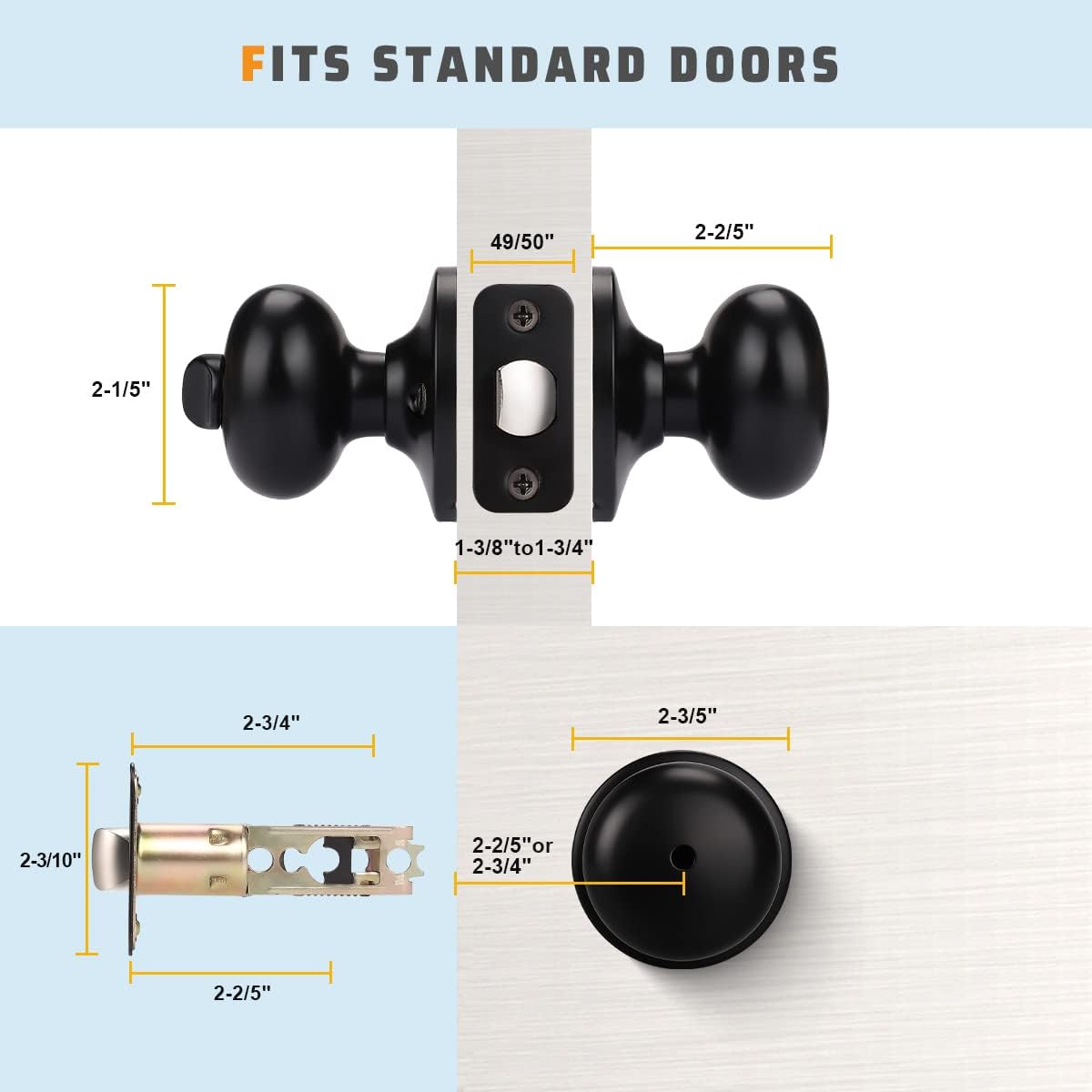 Set of 3 KNOBWELL Privacy Door Knobs for Bathroom/Bedroom, Round Indoor Keyless Black Locking Door Handle for Interior Doors