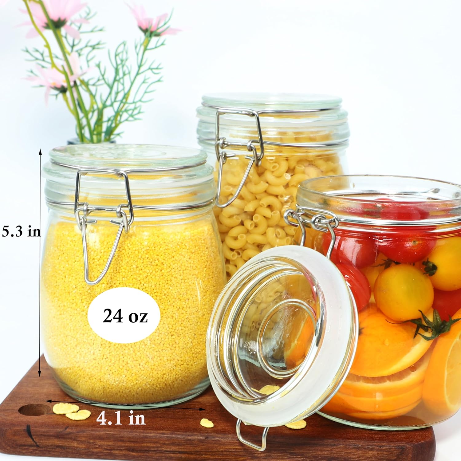 Set of 3 MBSRITY 24 oz Glass Jars with Airtight Lid - Wide Mouth Mason Storage Canisters for Coffee, Sugar, Nuts, and More