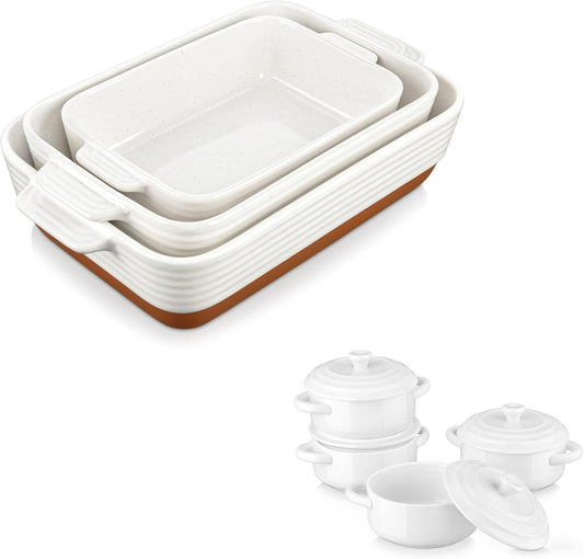 Set of 3 Mini Cocotte Ceramic Baking Dishes for Oven, Small Casserole Dishes 14 OZ by MALACASA