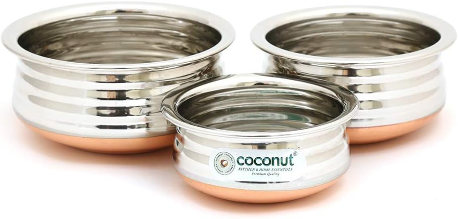Set of 3 Mini Handis - Coconut Stainless Steel with Copper Bottom (150ML, 250ML, 350ML)