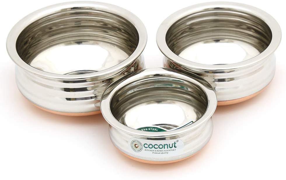Set of 3 Mini Handis - Coconut Stainless Steel with Copper Bottom (150ML, 250ML, 350ML)