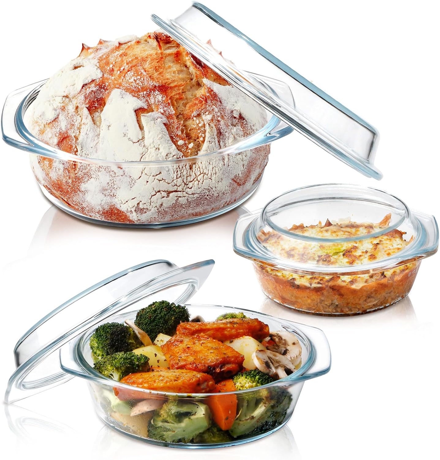 Set of 3 NUTRIUPS Round Glass Casserole Dishes with Lids - Cookware Set for Baking and Serving, Glass Casseroles in Various Sizes