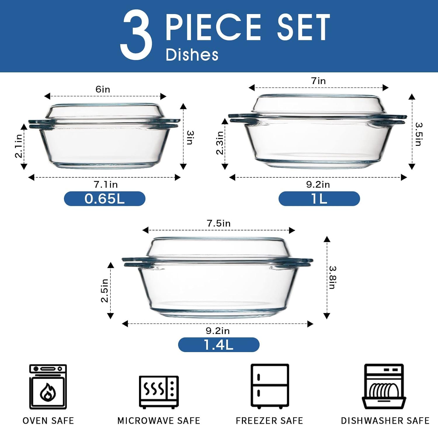 Set of 3 NUTRIUPS Round Glass Casserole Dishes with Lids - Cookware Set for Baking and Serving, Glass Casseroles in Various Sizes