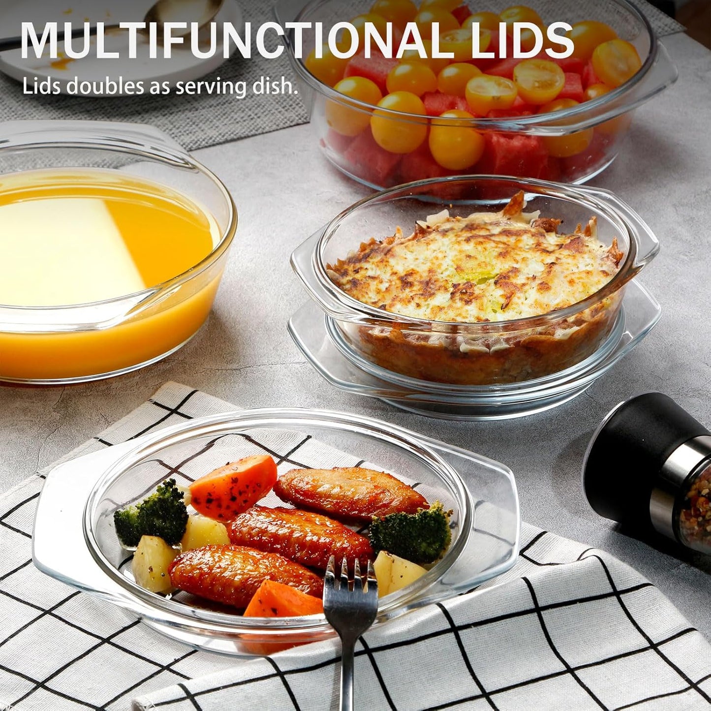 Set of 3 NUTRIUPS Round Glass Casserole Dishes with Lids - Cookware Set for Baking and Serving, Glass Casseroles in Various Sizes