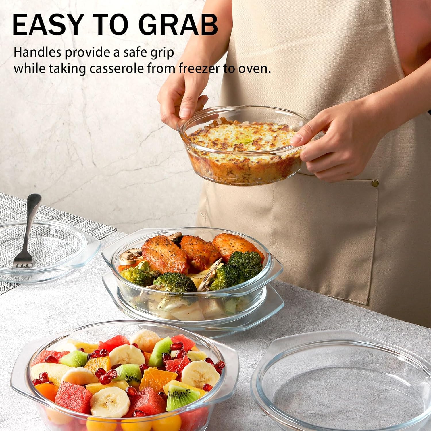 Set of 3 NUTRIUPS Round Glass Casserole Dishes with Lids - Cookware Set for Baking and Serving, Glass Casseroles in Various Sizes