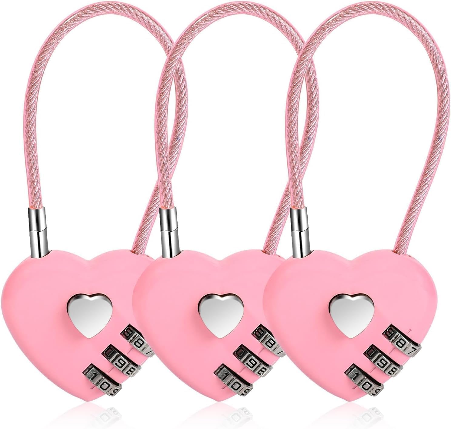 Set of 3 Pink 3-Digit Combination Locks with Heart Design, Waterproof Mini Padlocks for Travel Bags, Suitcases, and Backpacks