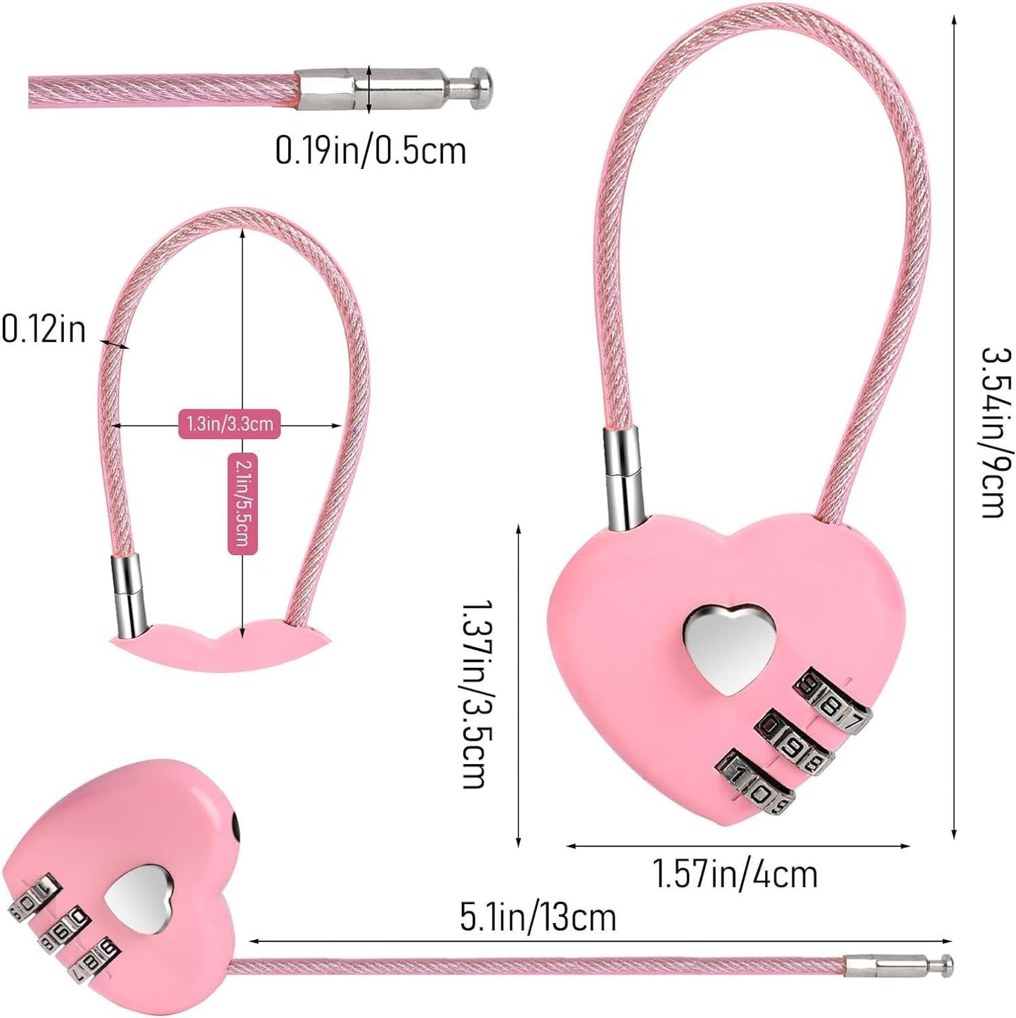 Set of 3 Pink 3-Digit Combination Locks with Heart Design, Waterproof Mini Padlocks for Travel Bags, Suitcases, and Backpacks