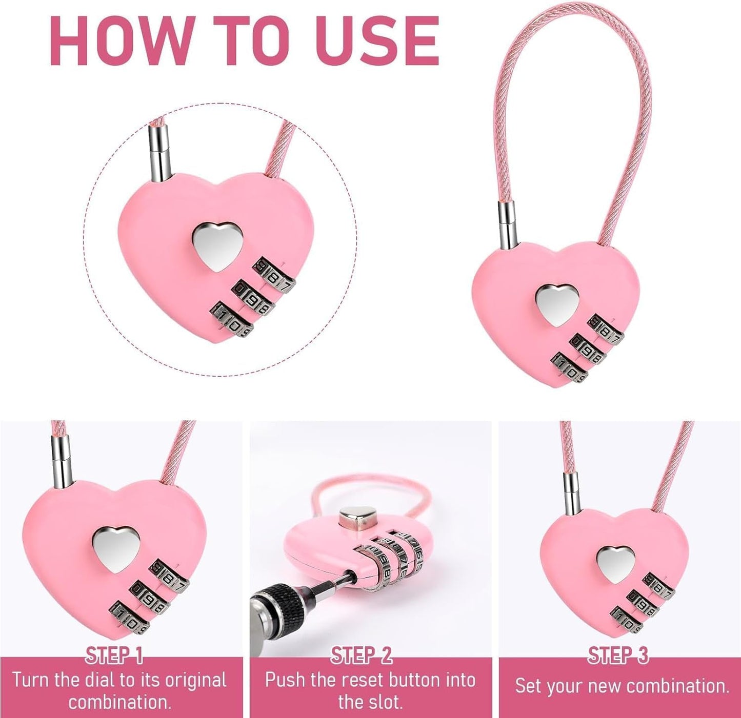 Set of 3 Pink 3-Digit Combination Locks with Heart Design, Waterproof Mini Padlocks for Travel Bags, Suitcases, and Backpacks