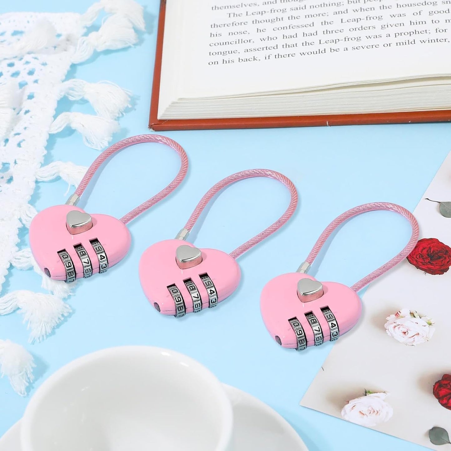 Set of 3 Pink 3-Digit Combination Locks with Heart Design, Waterproof Mini Padlocks for Travel Bags, Suitcases, and Backpacks