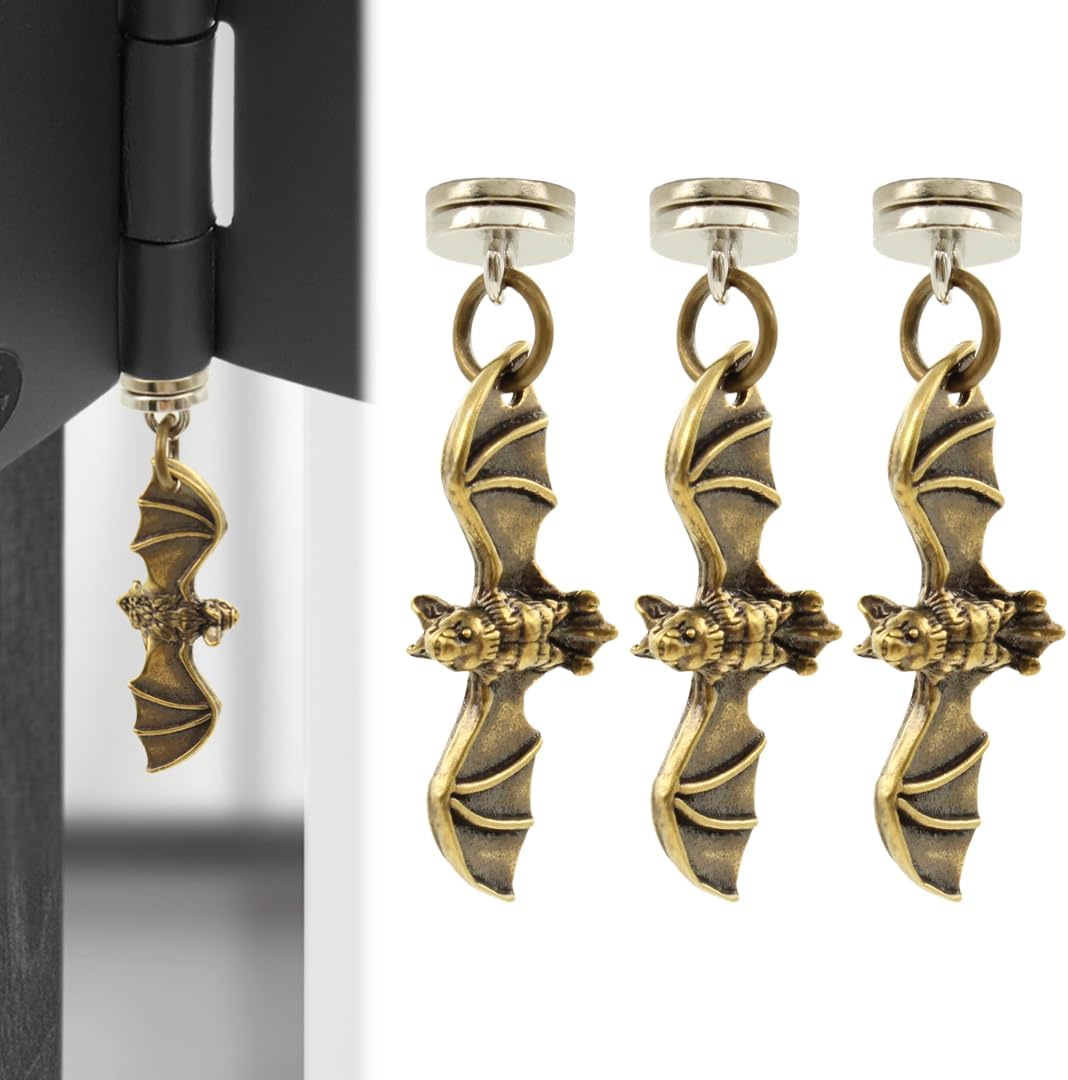 Set of 3 Wallertree Brass Bat Hinge Head Decor - Magnetic Dropper Hanging Bats - Miniature Door Hinge Heads