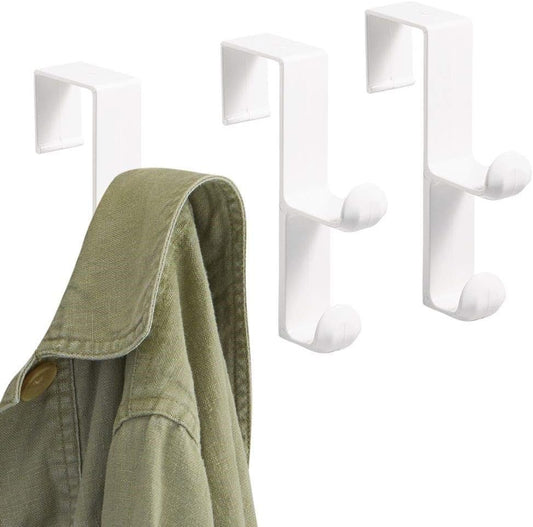 Set of 3 White Plastic Dual Hook Hangers for Coats, Jackets, Hats, Robes, Towels - Over the Door Organizer for Bathroom, Bedroom, Mudroom by InterDesign iDesign