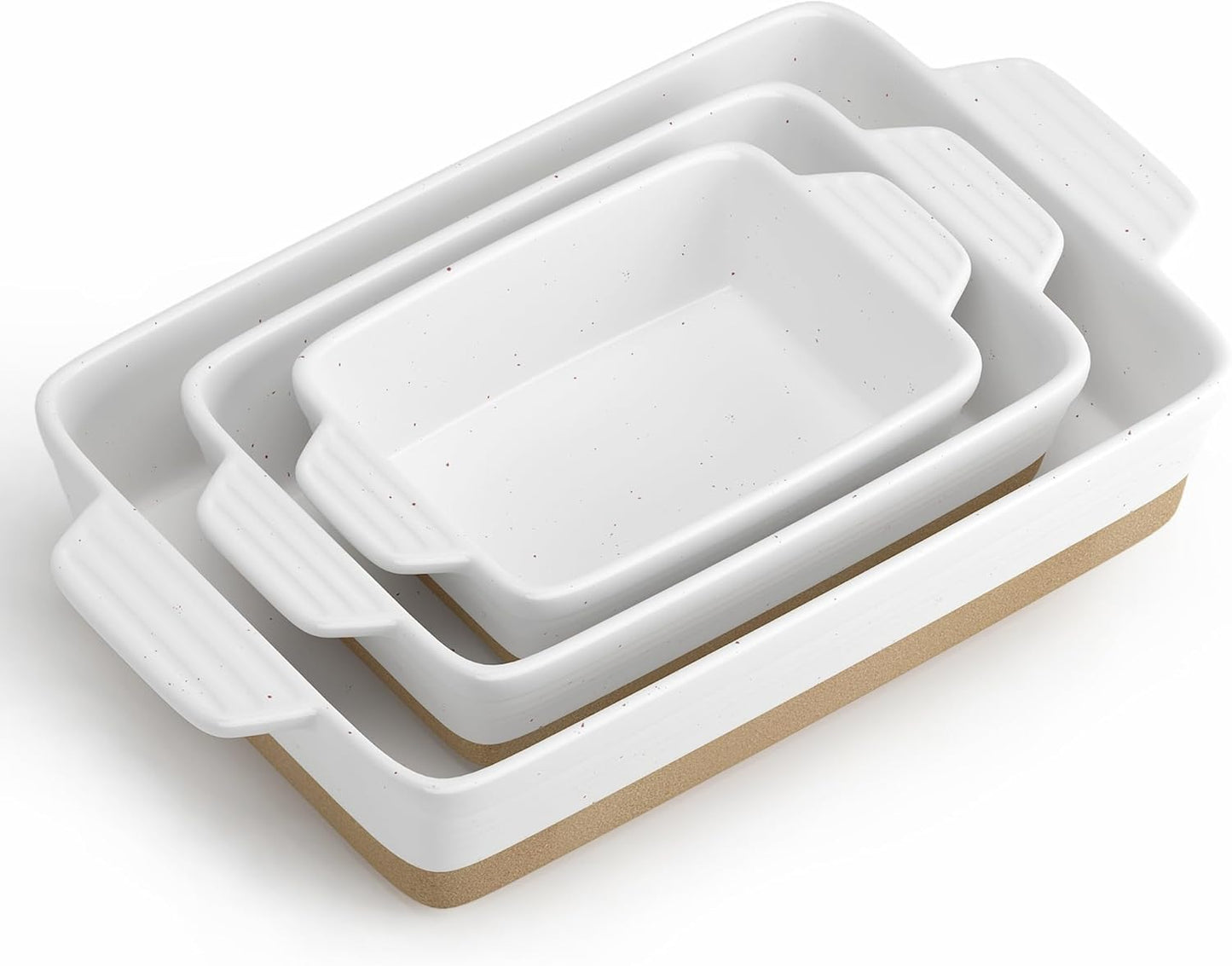 Set of 3 YMASINS Ceramic Baking Dishes - Extra Deep Lasagna Pans with Handles - Oven to Table Bakeware - Easy to Clean - White, 14.7 x 8.7 x 3 Inches