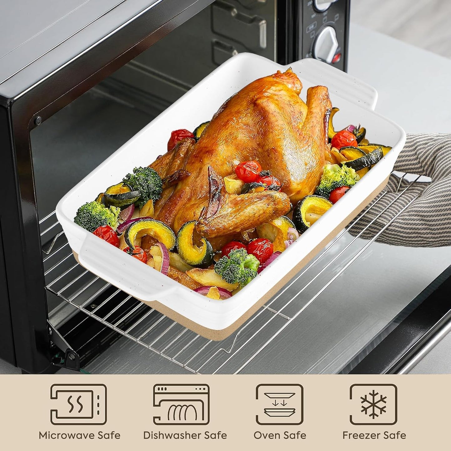 Set of 3 YMASINS Ceramic Baking Dishes - Extra Deep Lasagna Pans with Handles - Oven to Table Bakeware - Easy to Clean - White, 14.7 x 8.7 x 3 Inches