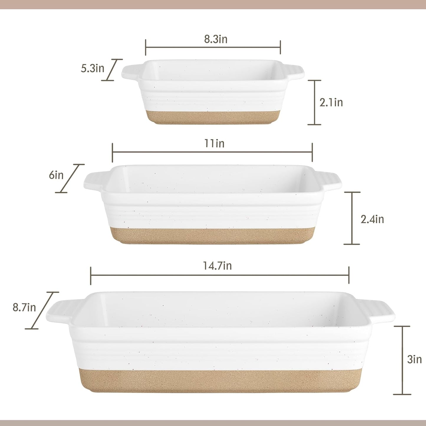 Set of 3 YMASINS Ceramic Baking Dishes - Extra Deep Lasagna Pans with Handles - Oven to Table Bakeware - Easy to Clean - White, 14.7 x 8.7 x 3 Inches
