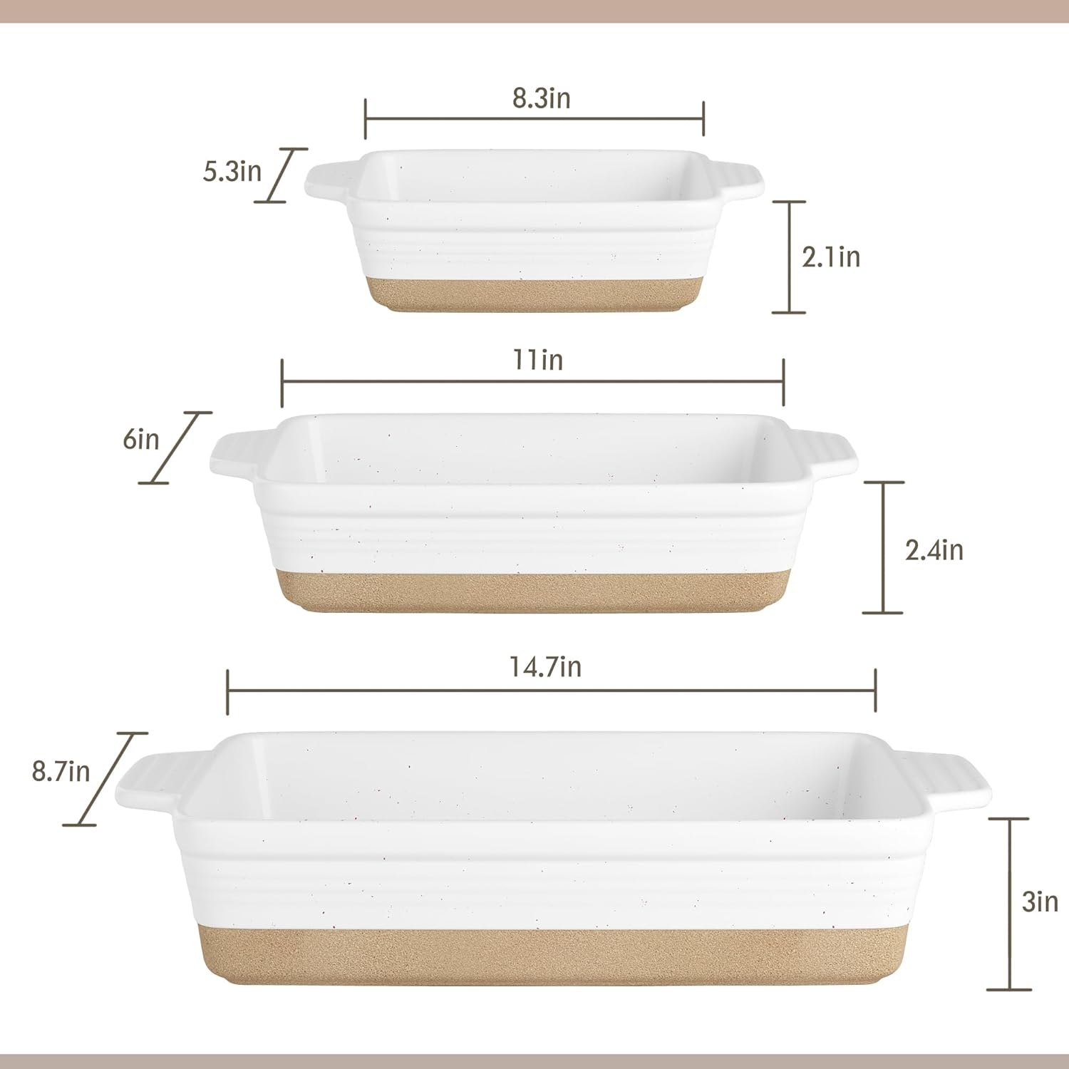 Set of 3 YMASINS Ceramic Baking Dishes - Extra Deep Lasagna Pans with Handles - Oven to Table Bakeware - Easy to Clean - White, 14.7 x 8.7 x 3 Inches