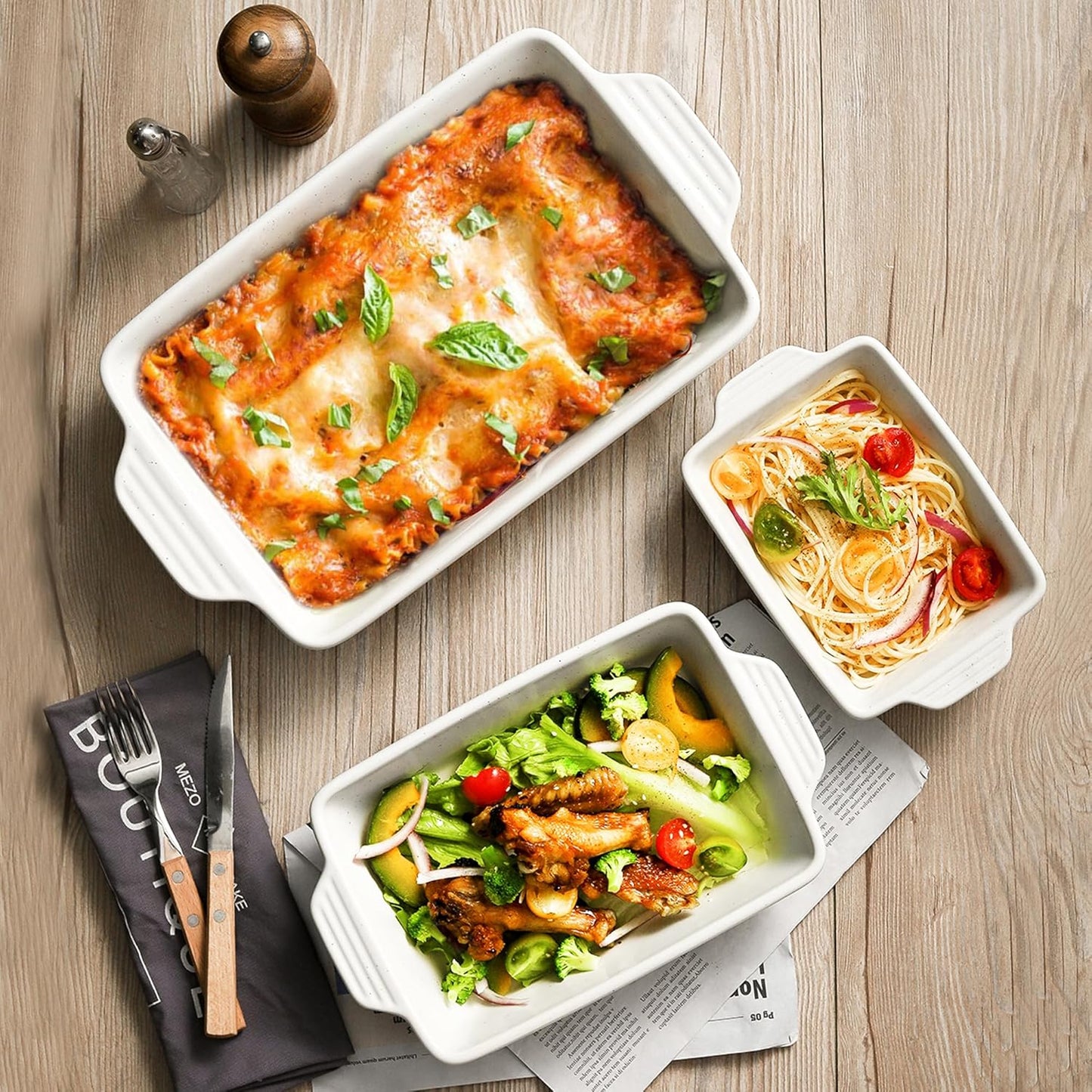 Set of 3 YMASINS Ceramic Baking Dishes - Extra Deep Lasagna Pans with Handles - Oven to Table Bakeware - Easy to Clean - White, 14.7 x 8.7 x 3 Inches