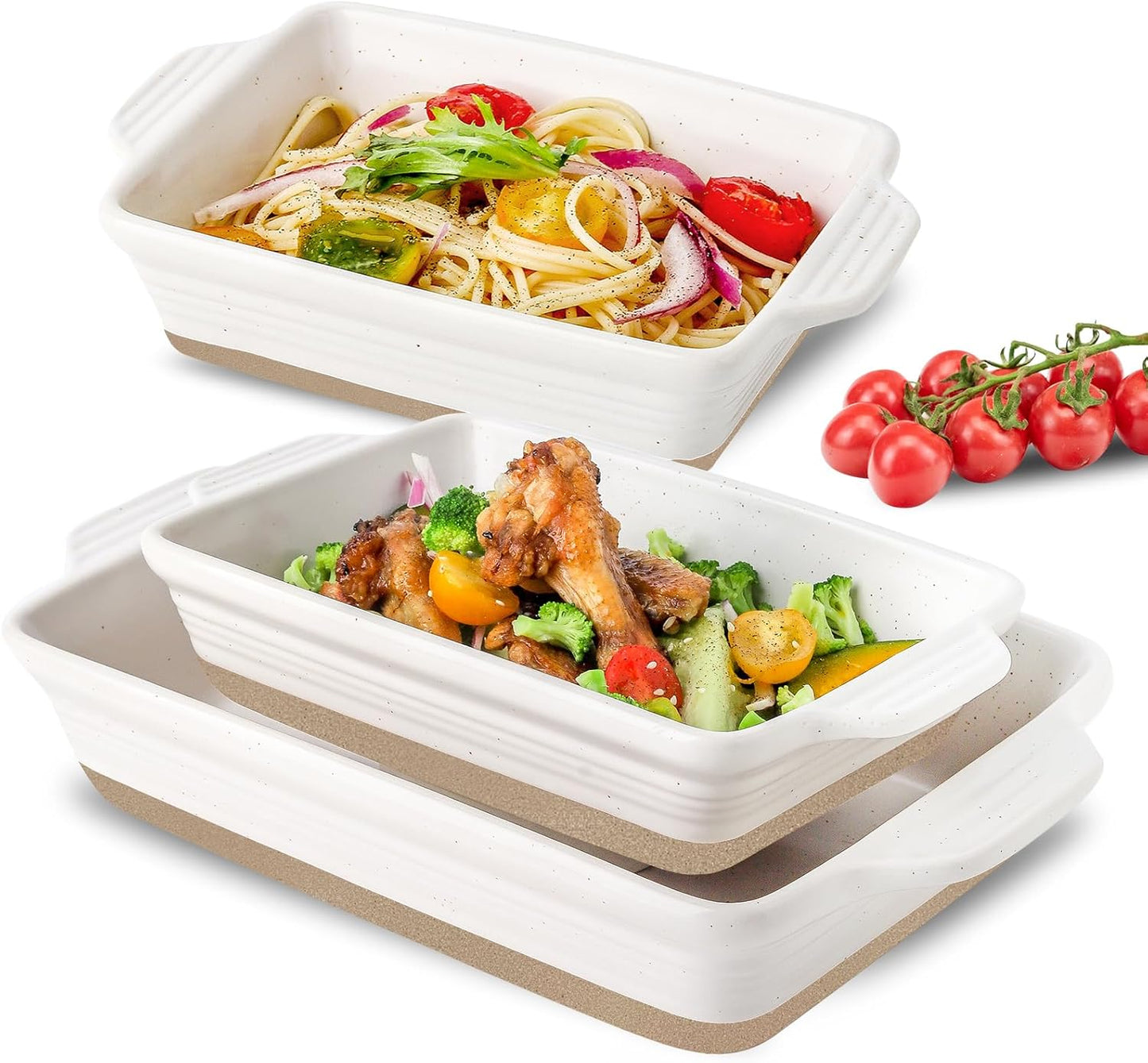 Set of 3 YMASINS Ceramic Baking Dishes - Extra Deep Lasagna Pans with Handles - Oven to Table Bakeware - Easy to Clean - White, 14.7 x 8.7 x 3 Inches