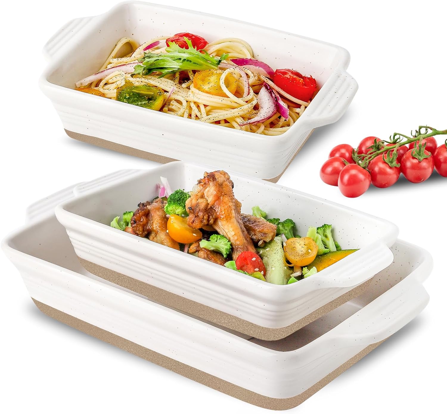 Set of 3 YMASINS Ceramic Baking Dishes - Extra Deep Lasagna Pans with Handles - Oven to Table Bakeware - Easy to Clean - White, 14.7 x 8.7 x 3 Inches