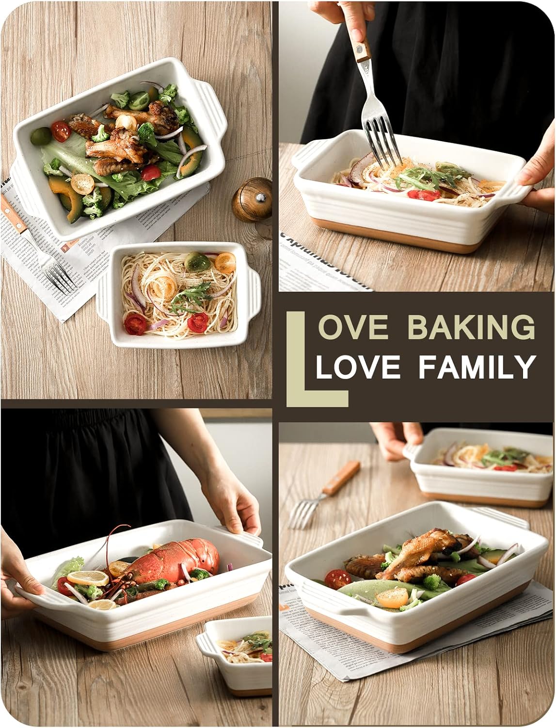 Set of 3 YMASINS Ceramic Baking Dishes - Extra Deep Lasagna Pans with Handles - Oven to Table Bakeware - Easy to Clean - White, 14.7 x 8.7 x 3 Inches