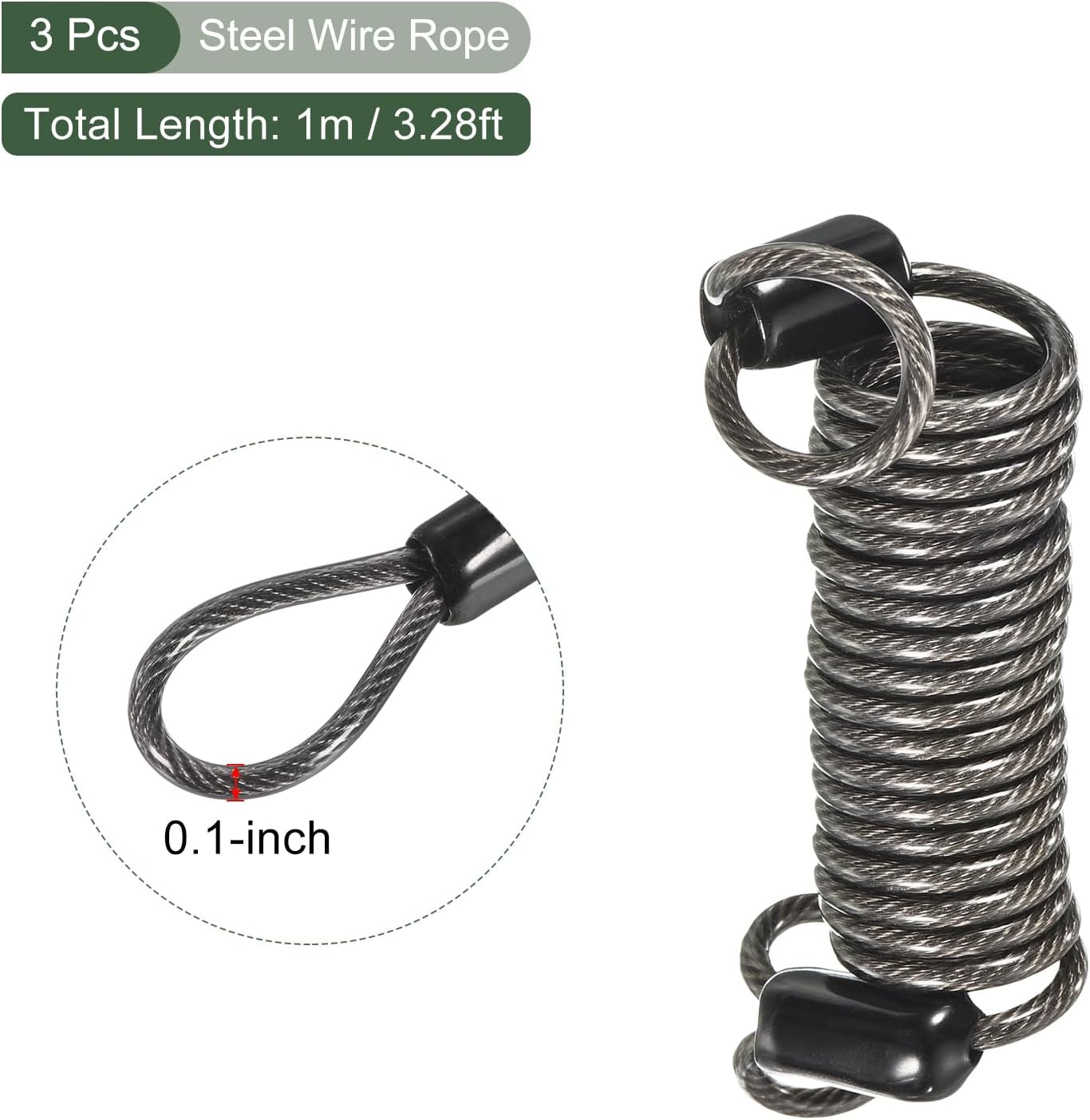Set of 3 YOKIVE Security Steel Cables with Double Loop, Coated Baggage Spring Lock Wire Rope for Luggage, Bicycles, Doors - Black, 2.5mmx1m