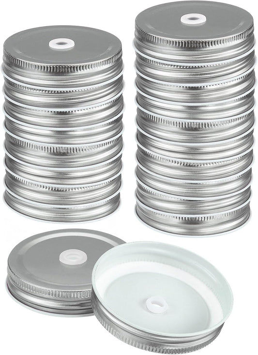 Set of 30 Reusable Mason Jar Lids with Straw Hole, 70mm Tinplate Canning Lids for Regular Mouth Jars - Ideal for DIY, Drinking, and Food Storage - Silver Color