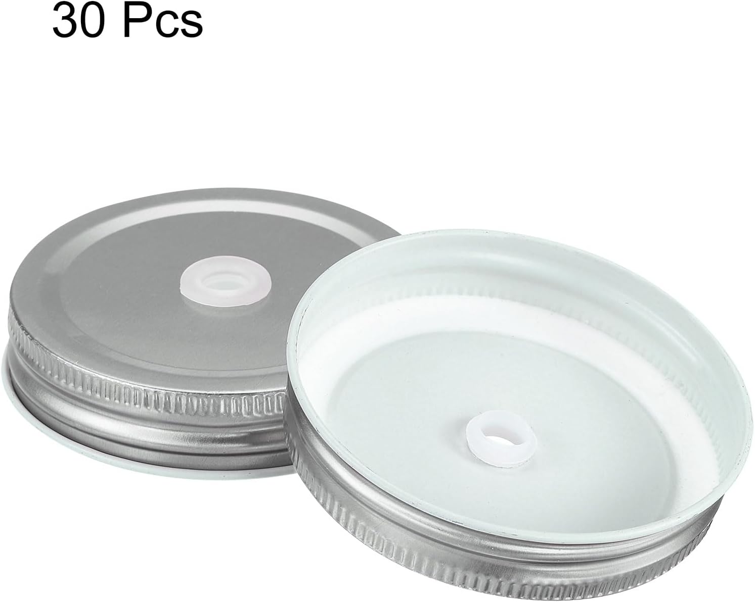 Set of 30 Reusable Mason Jar Lids with Straw Hole, 70mm Tinplate Canning Lids for Regular Mouth Jars - Ideal for DIY, Drinking, and Food Storage - Silver Color