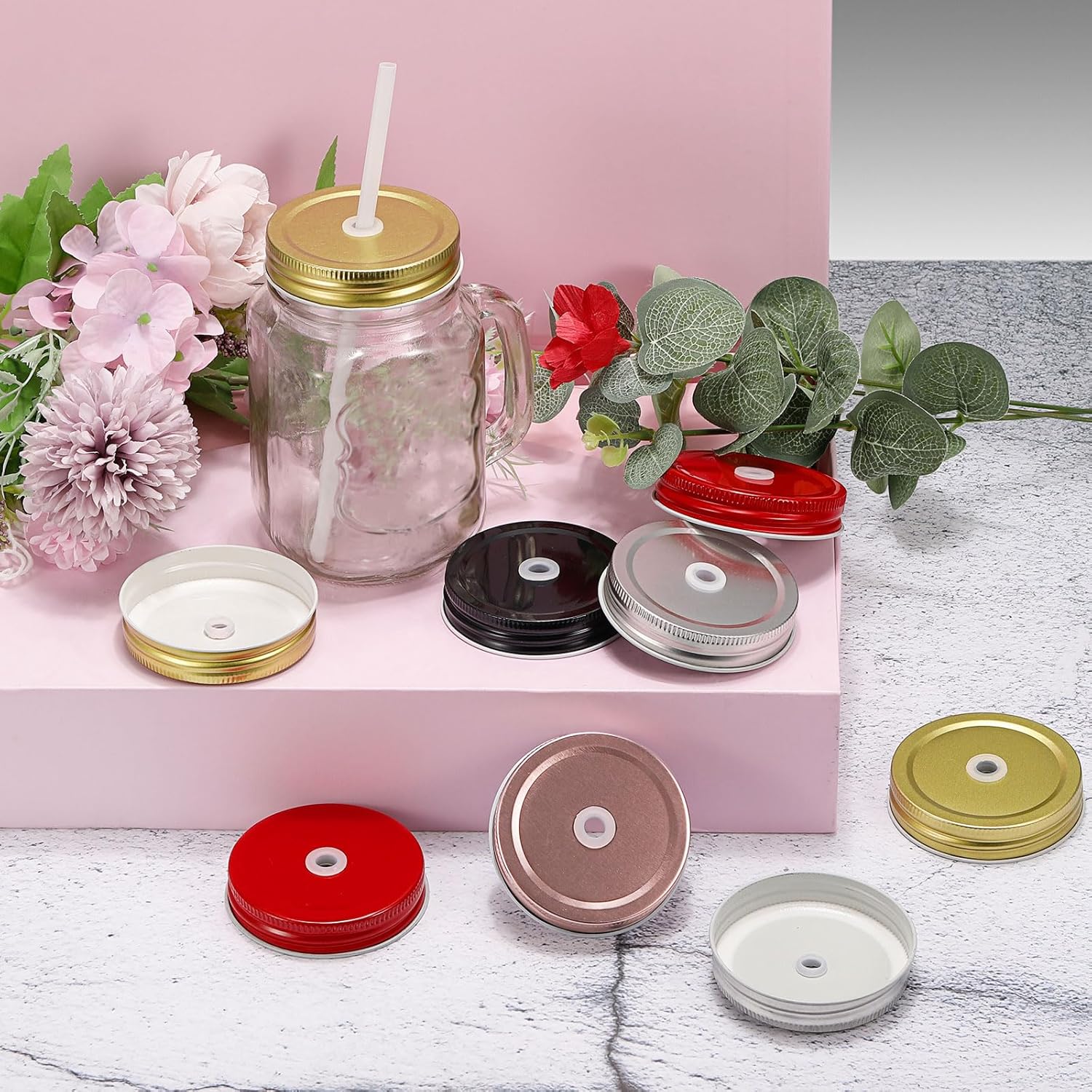Set of 30 Reusable Mason Jar Lids with Straw Hole, 70mm Tinplate Canning Lids for Regular Mouth Jars - Ideal for DIY, Drinking, and Food Storage - Silver Color