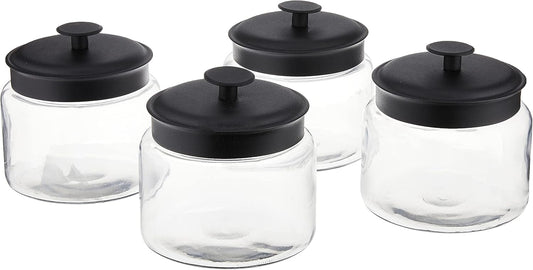 Set of 4 Anchor Hocking Montana Glass Jars with Fresh Sealed Black Metal Lids, 48 oz