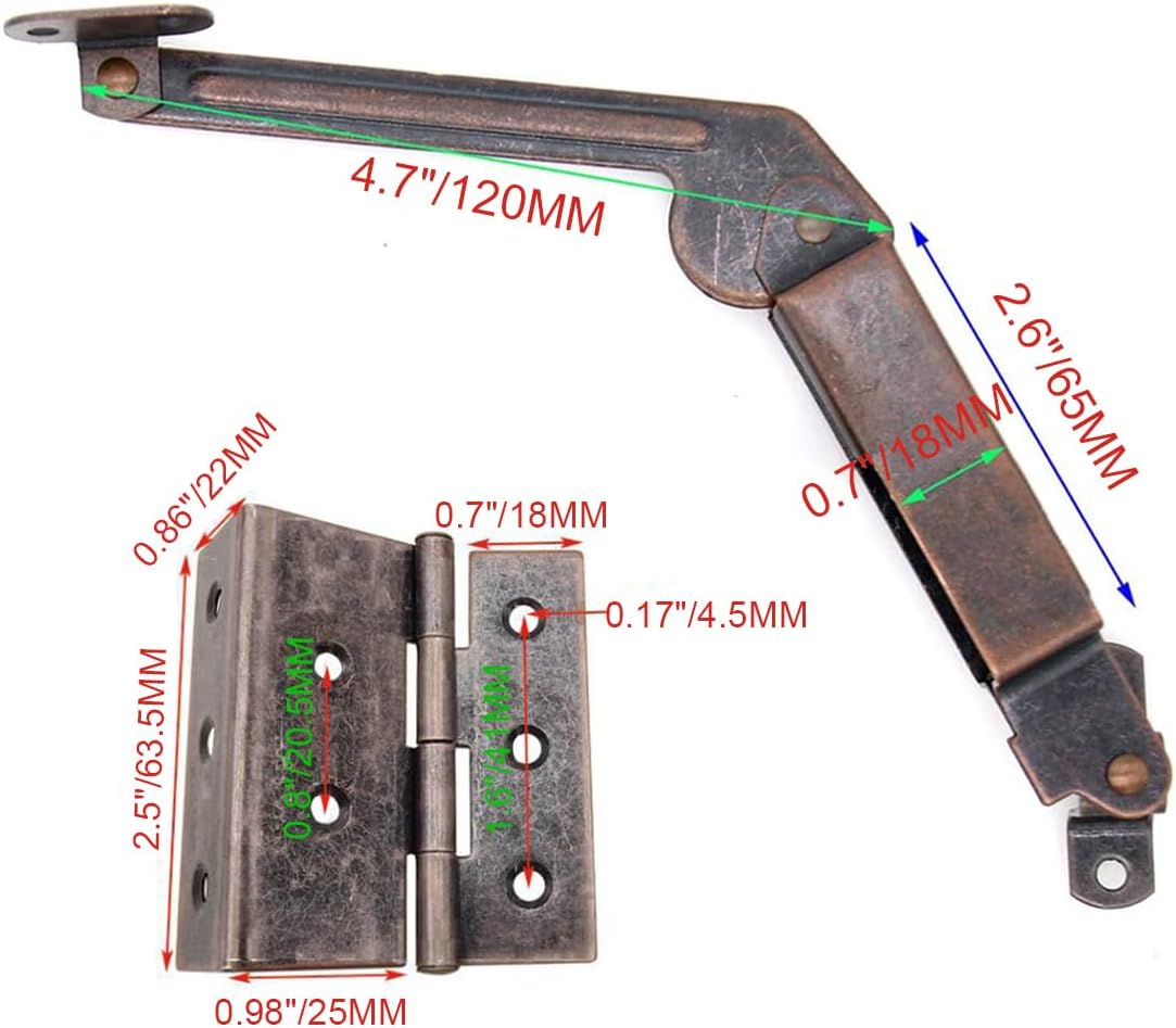 Set of 4 ANTEISI Antique Bronze Lid Support Hinges with Three Folding Hardware - Rustic Bronze Hinge Kit