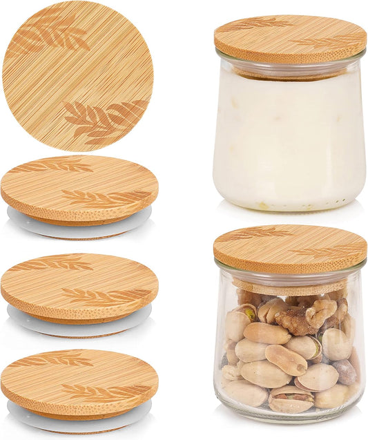 Set of 4 Bamboo Mason Life Oui Yogurt Jar Lids with Silicone Sealing Rings - Leaves Pattern Wooden Lids for 5 Oz Jars