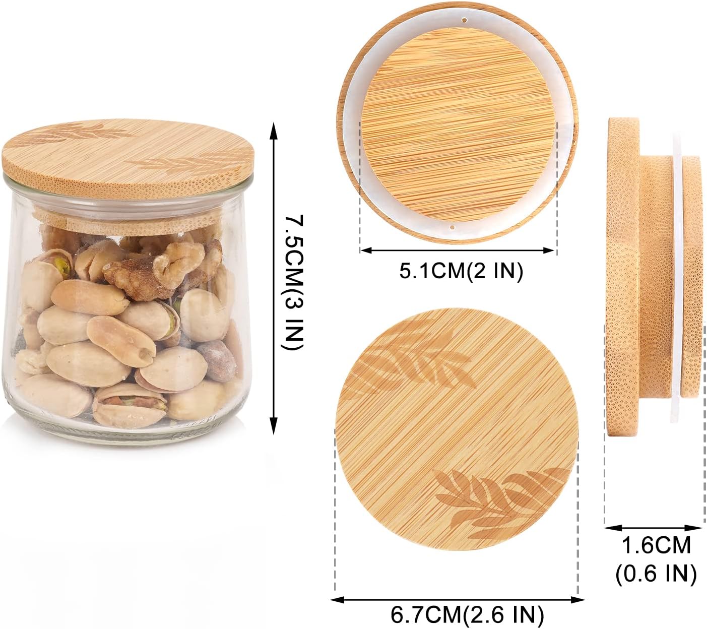 Set of 4 Bamboo Mason Life Oui Yogurt Jar Lids with Silicone Sealing Rings - Leaves Pattern Wooden Lids for 5 Oz Jars