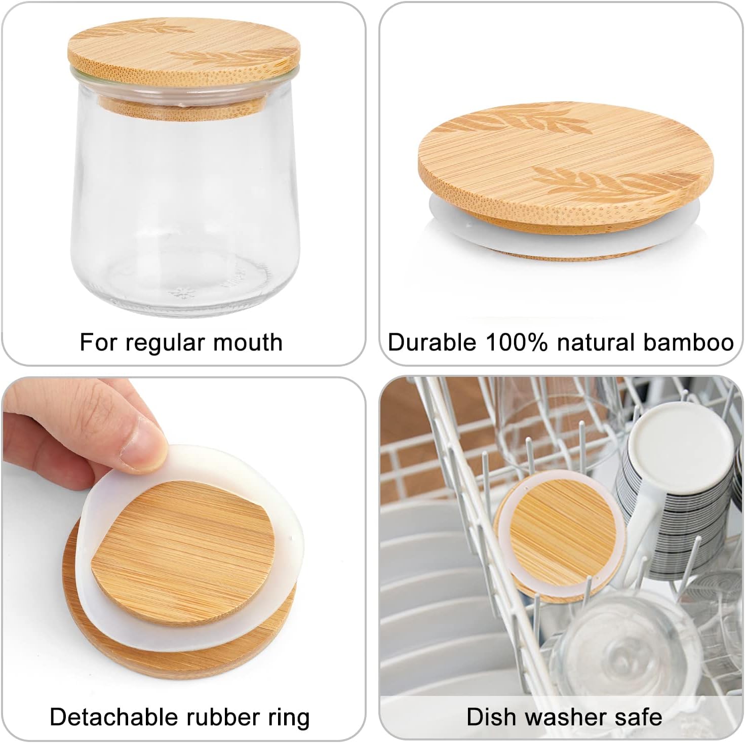 Set of 4 Bamboo Mason Life Oui Yogurt Jar Lids with Silicone Sealing Rings - Leaves Pattern Wooden Lids for 5 Oz Jars
