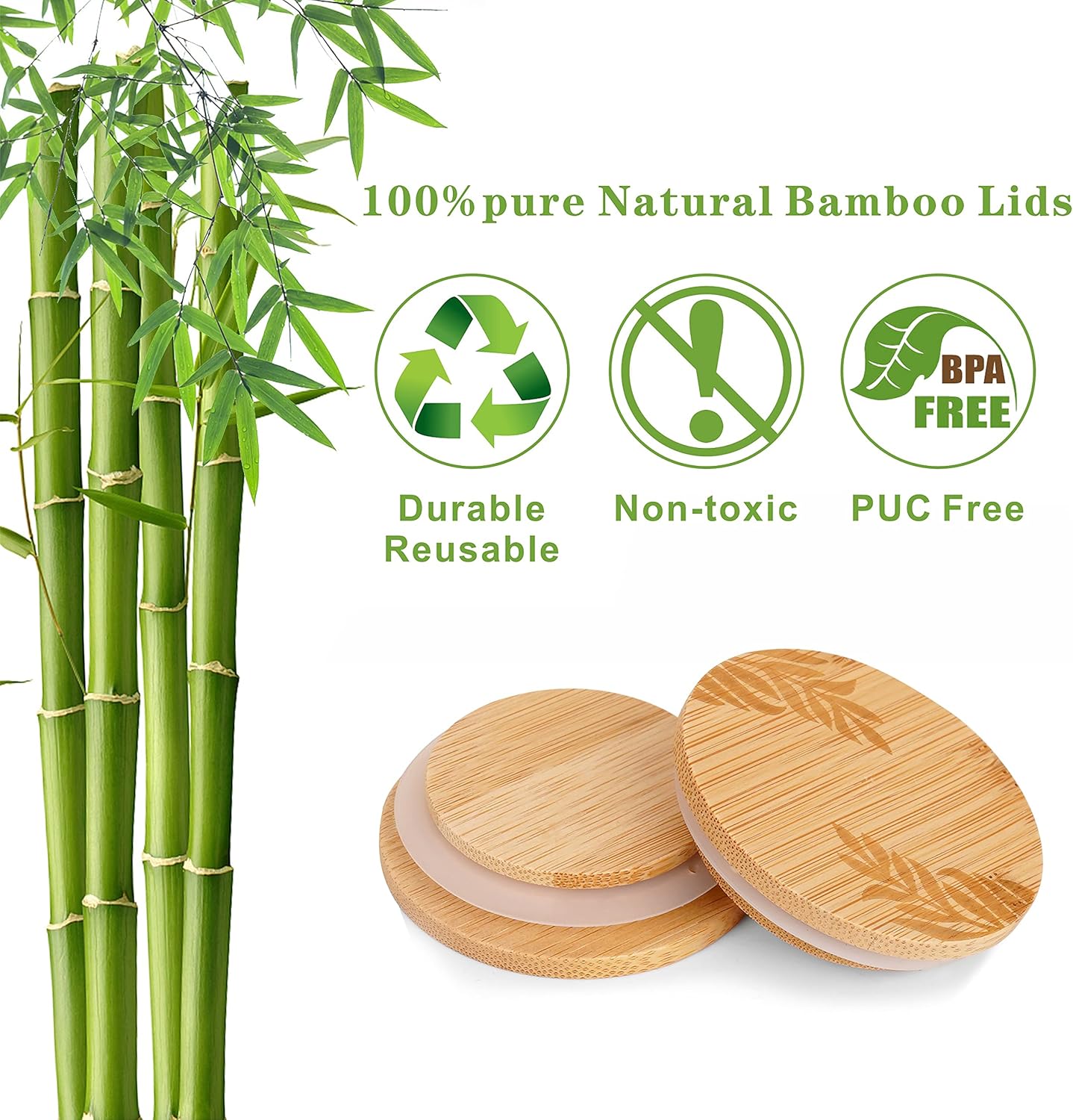 Set of 4 Bamboo Mason Life Oui Yogurt Jar Lids with Silicone Sealing Rings - Leaves Pattern Wooden Lids for 5 Oz Jars